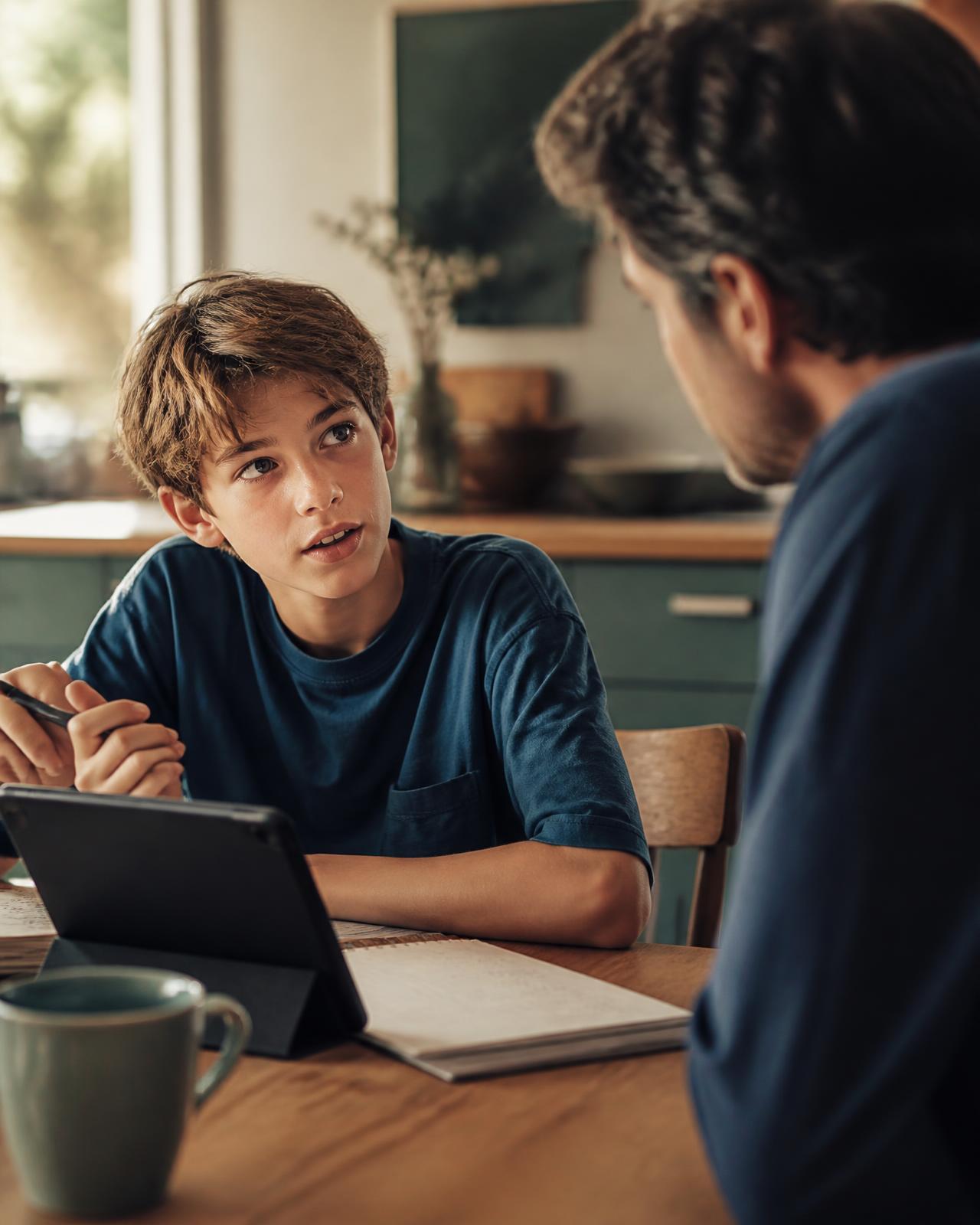 A child and parent talking through a YoungThinkr lesson at the kitchen table